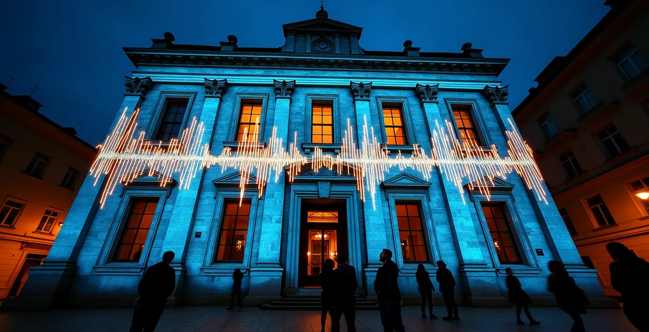 Outdoor projection mapping with visible sound wave patterns on building facade