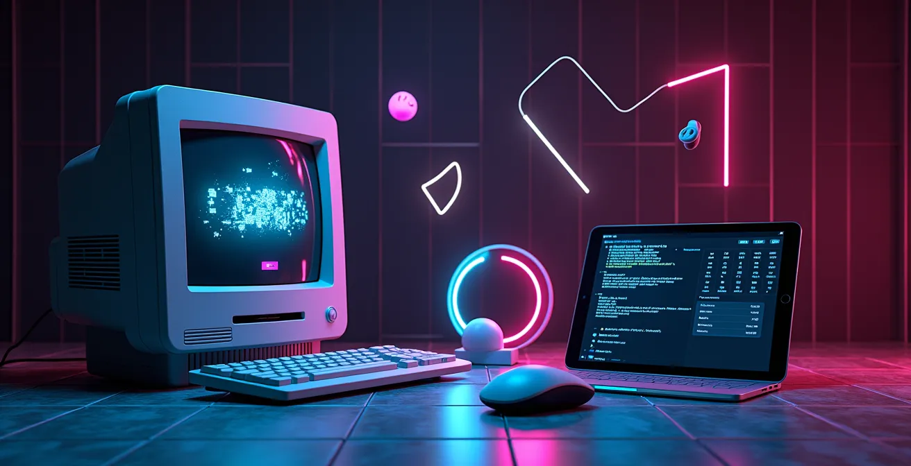 Vintage computer elements merging with contemporary mobile app design