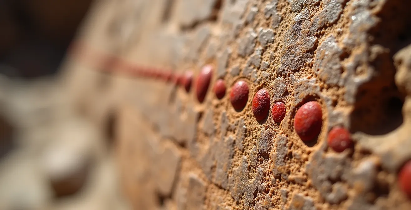 Cave wall detail showing abstract dots and grid patterns alongside animal figures