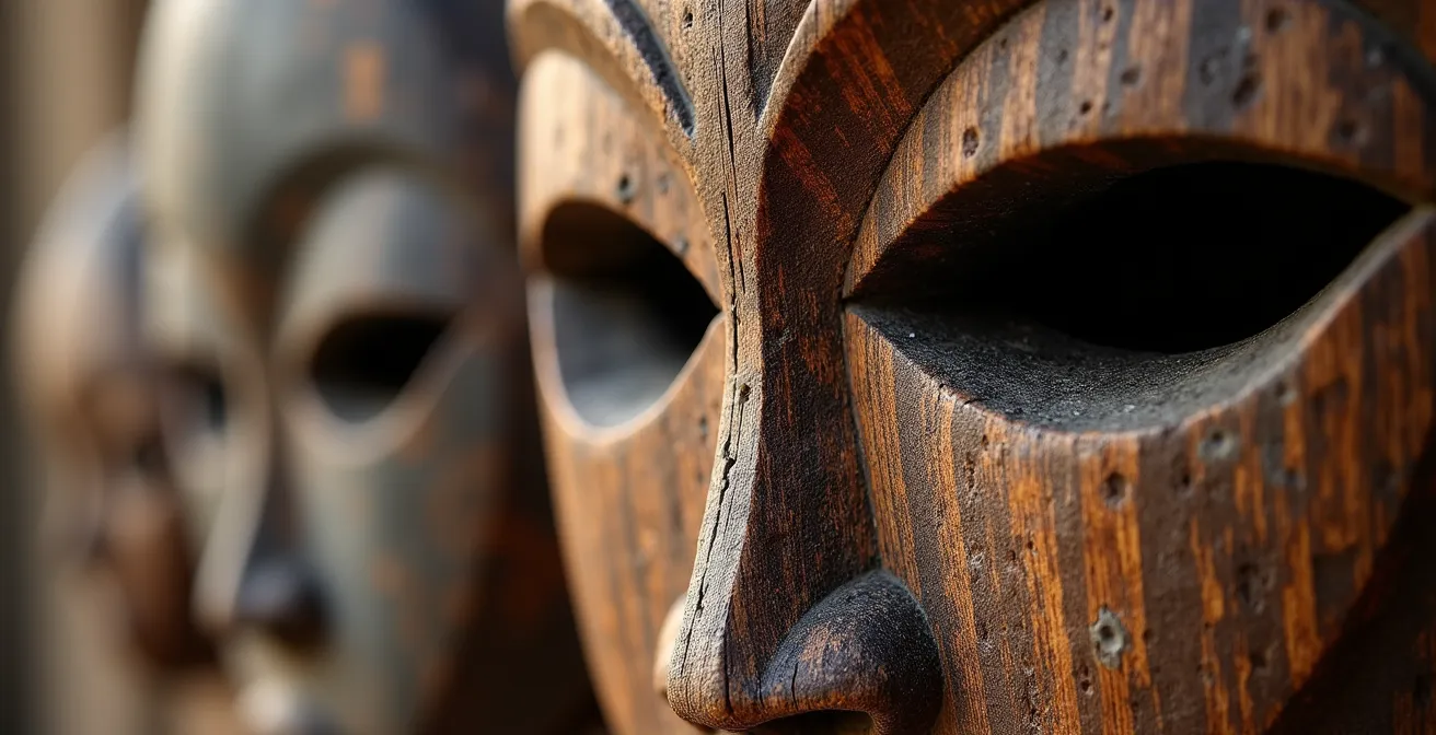 Traditional African masks displayed in museum setting showing geometric angular features that influenced Cubist art