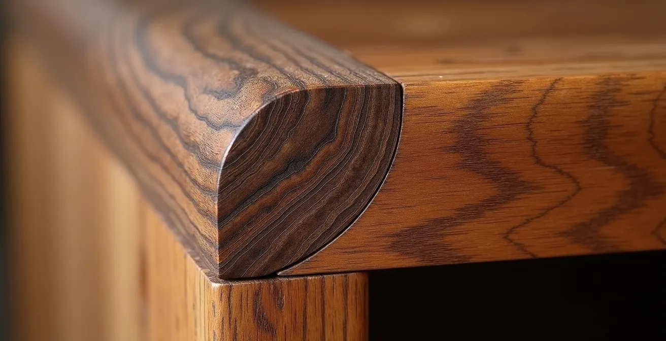 Macro shot of wood grain and patina inconsistencies on antique furniture joint