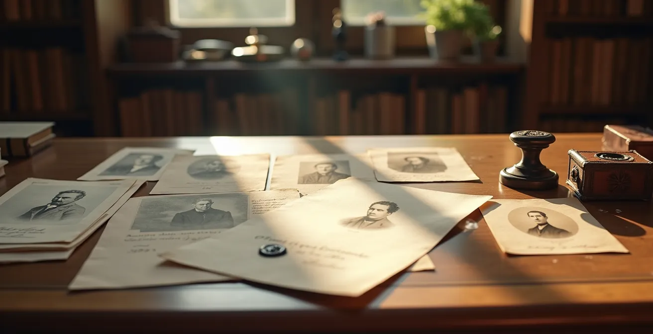 Historical documents and photographs spread on antique wooden desk for provenance research