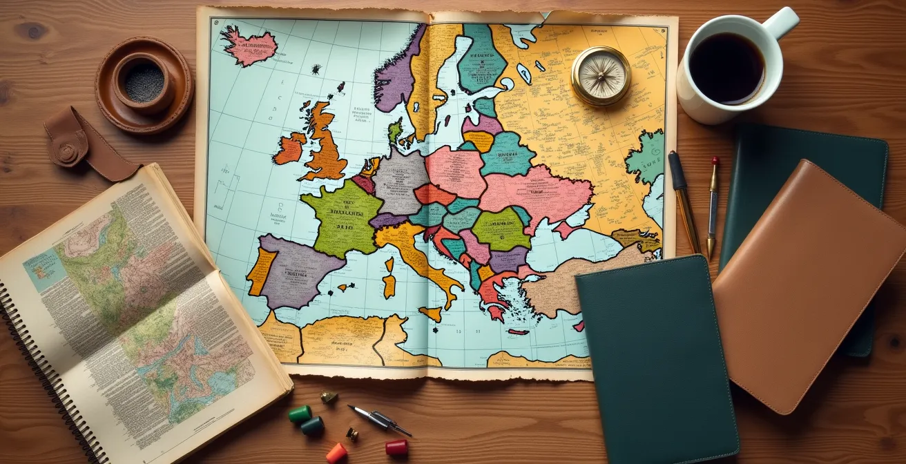 Overhead view of travel planning materials spread on a wooden table, including maps, notebooks, and a compass.