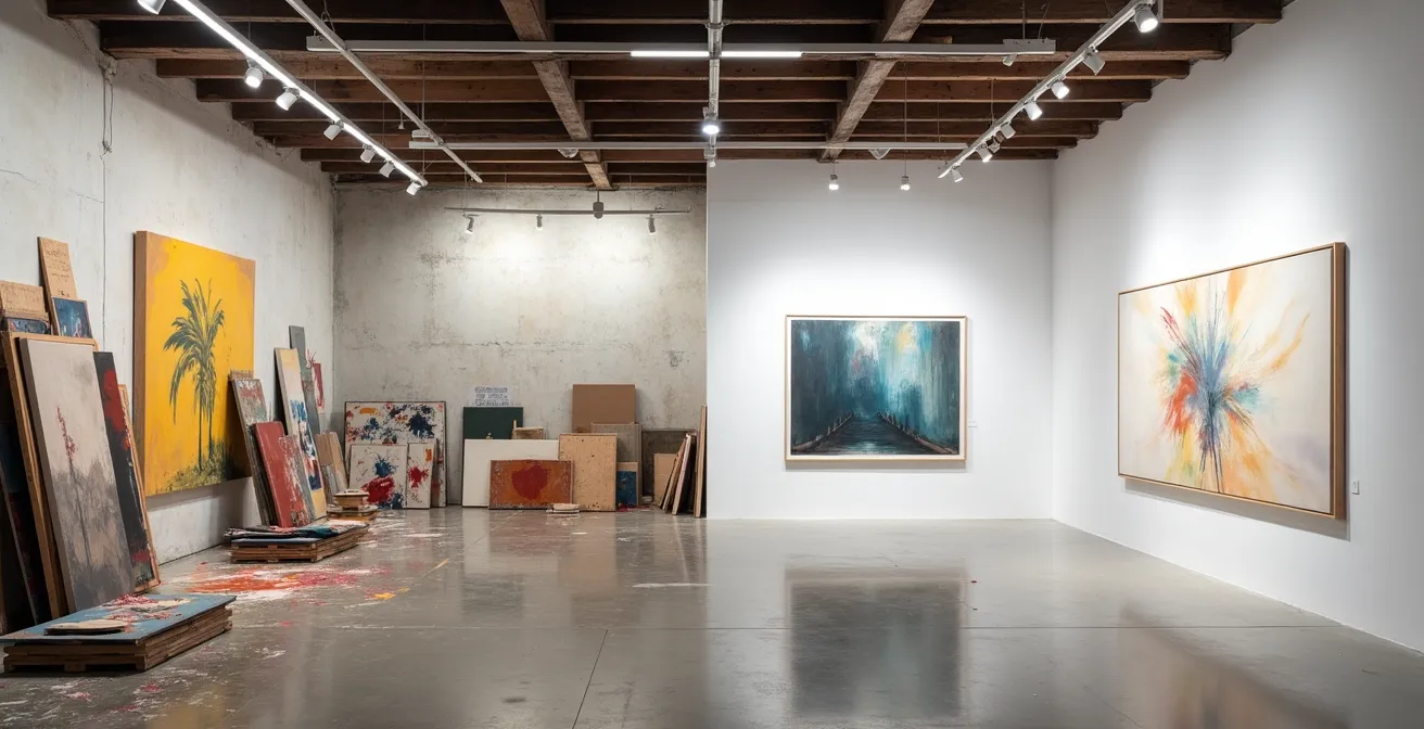Split-screen comparison of emerging artist studio and blue-chip gallery space