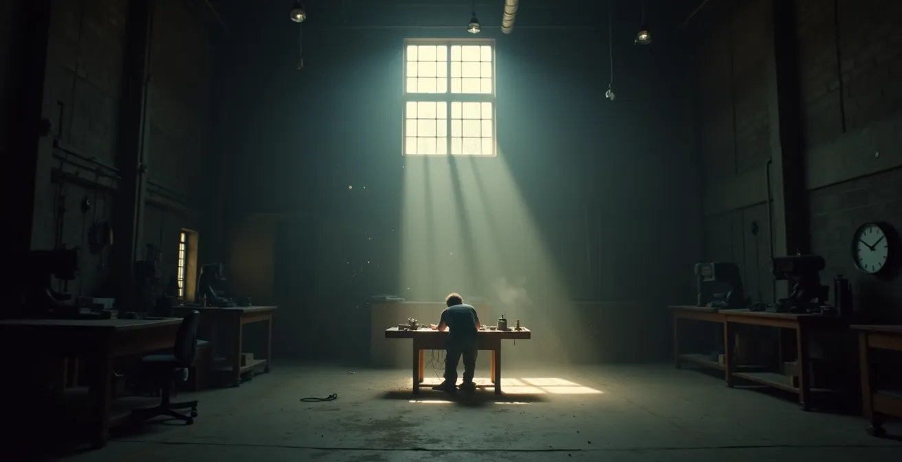 Craftsperson deeply focused on detailed work in dimly lit workshop