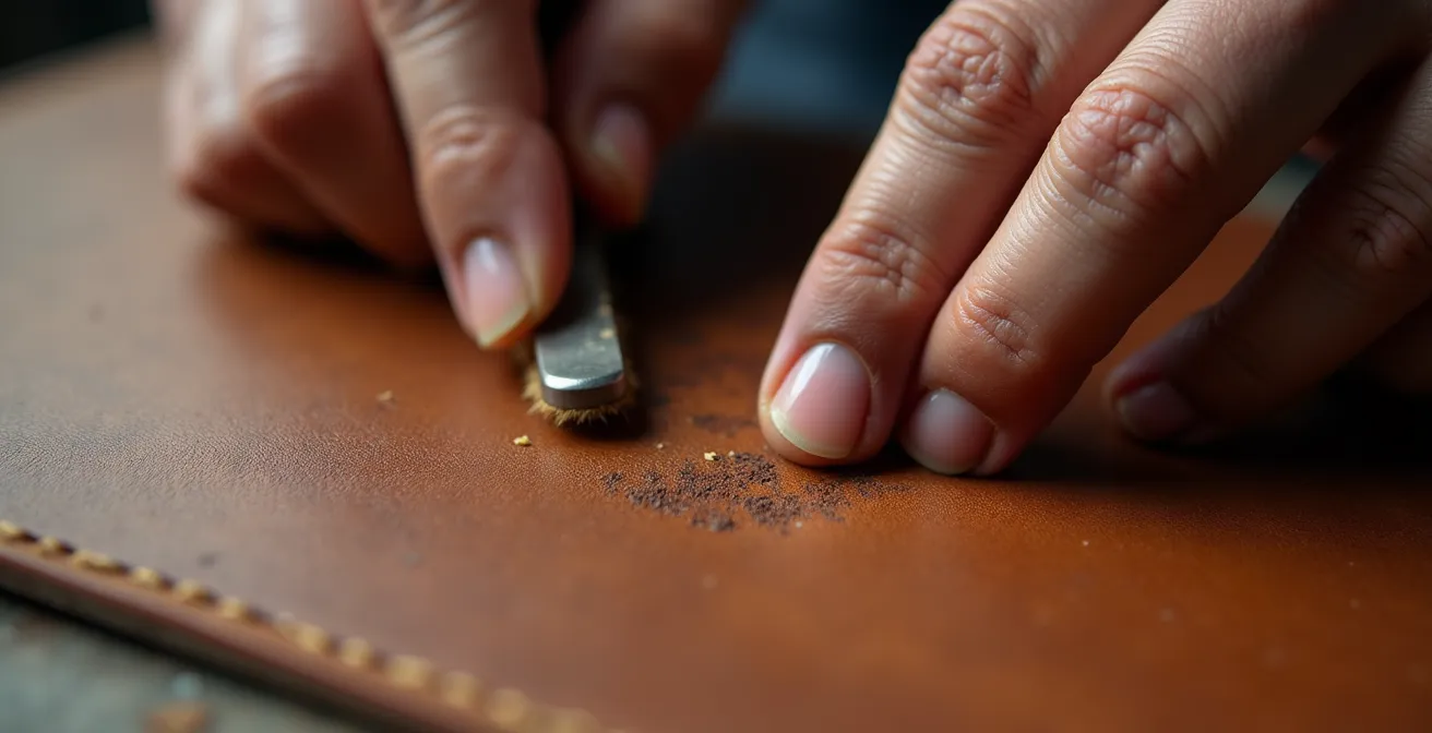 Close-up of skilled hands performing detailed finishing work on luxury leather item