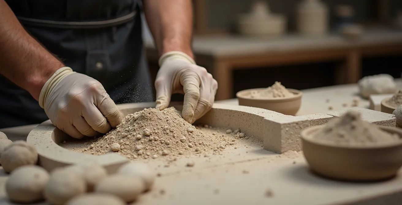 Close-up of artisan's hand applying textured mortar to recreate cave surface