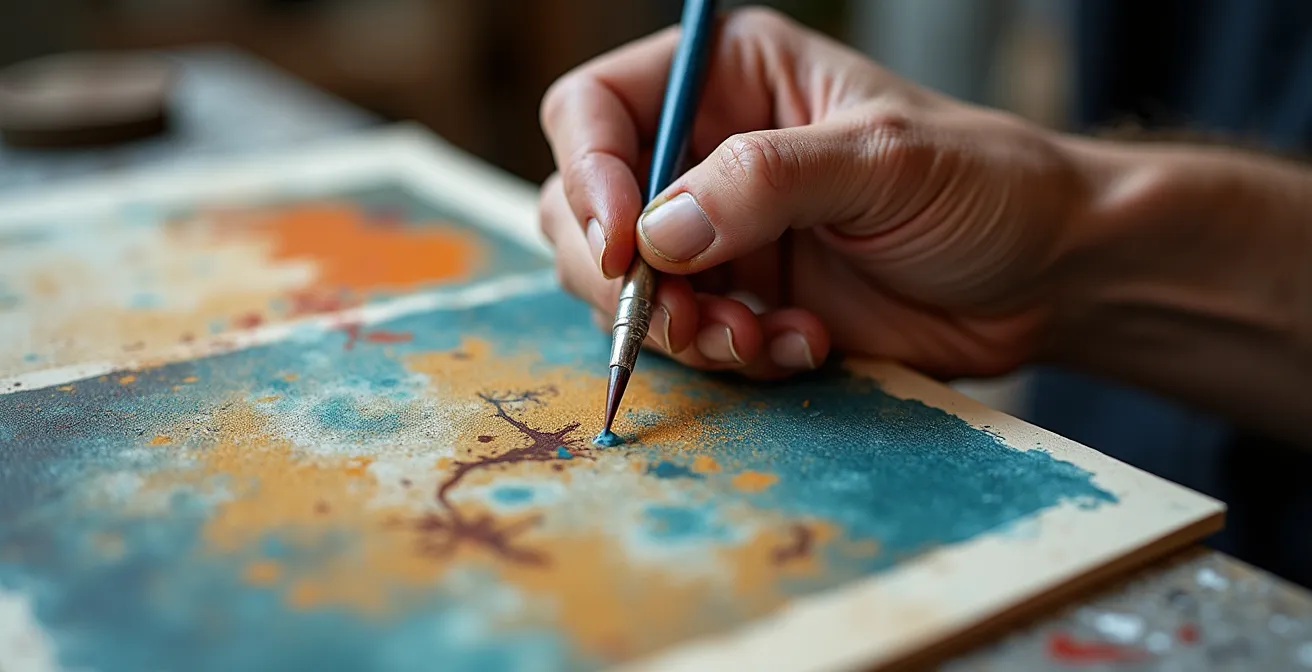 Artist's hands working on multiple art pieces simultaneously, showing a dedication to the creative process