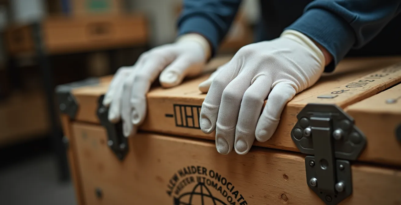 Close-up view of gloved hands carefully handling a museum crate with dramatic lighting