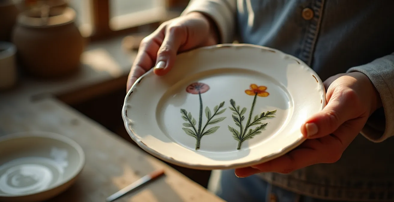 Close-up of two similar but distinct hand-painted flowers on a ceramic plate, showing natural variations in the brushwork.