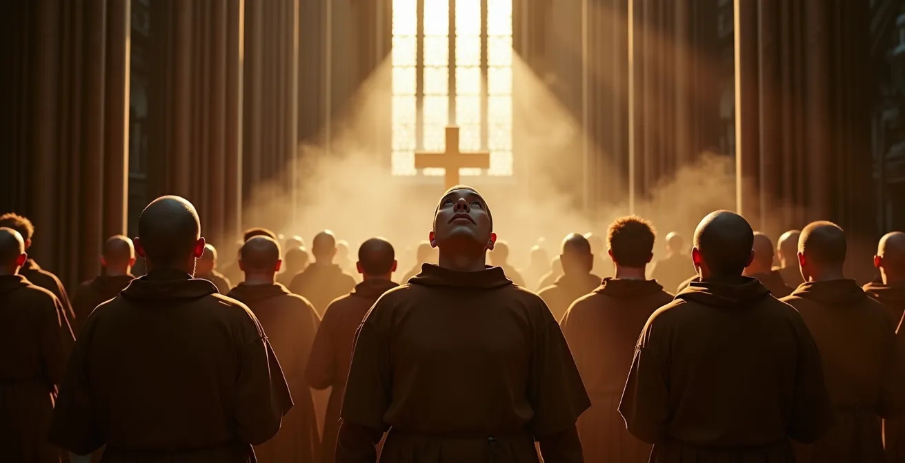 Interior view of Gothic cathedral showing ribbed vaults designed for acoustic resonance