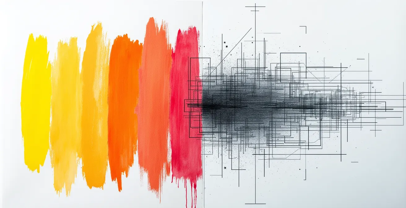 Split composition showing child's colorful drawings transitioning to adult architectural blueprints