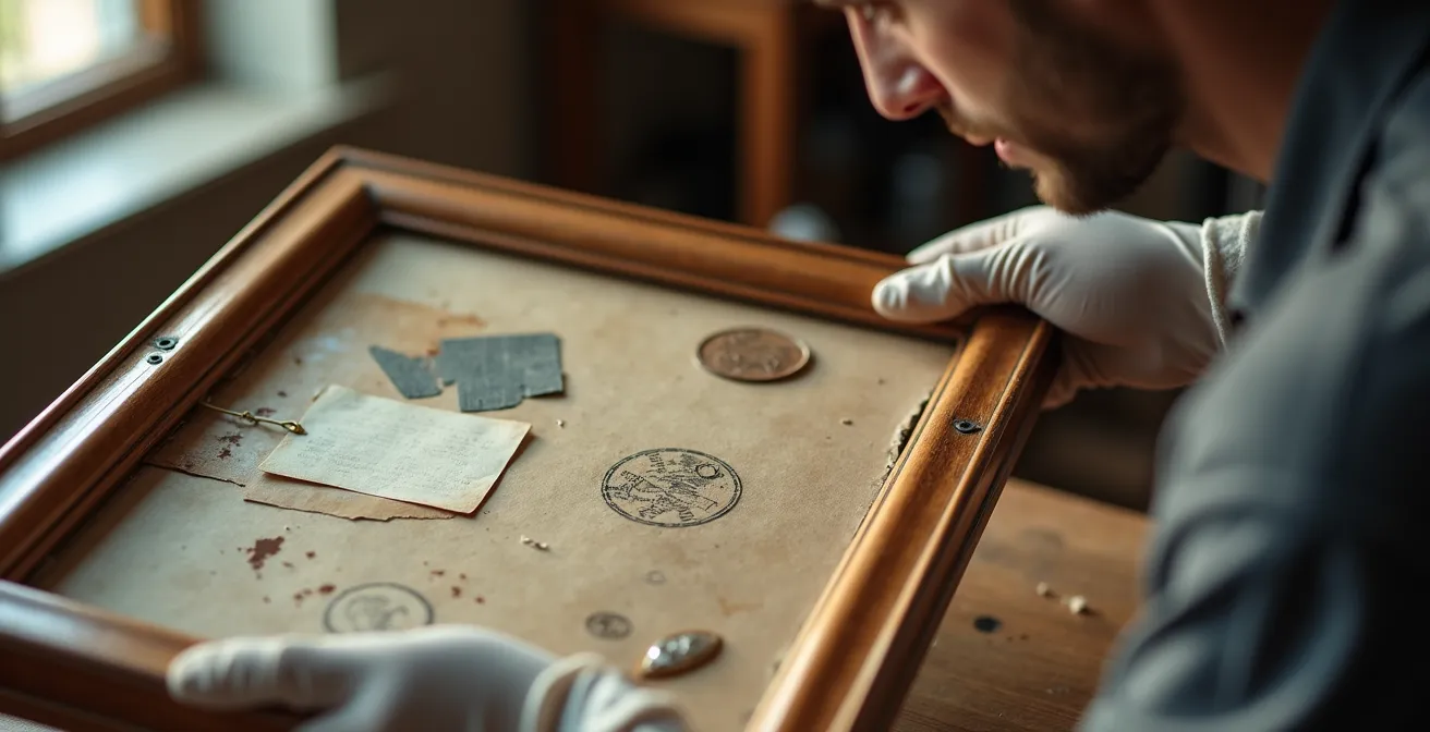 Conservation expert studying the reverse side of a painting showing various historical labels and stamps