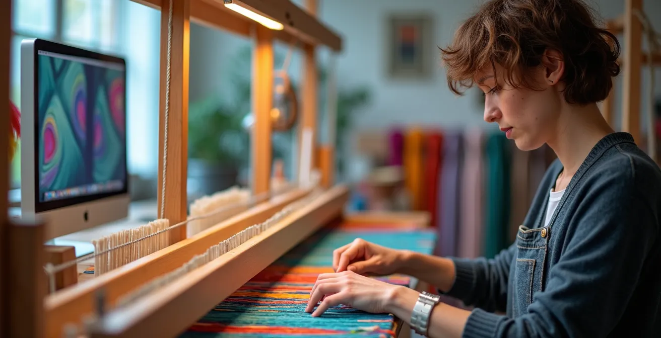 Modern Aubusson weaver working from a digital design displayed nearby while creating a contemporary tapestry