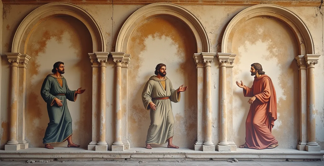 A painting showing the same figure appearing three times across different areas of the canvas in sequential action