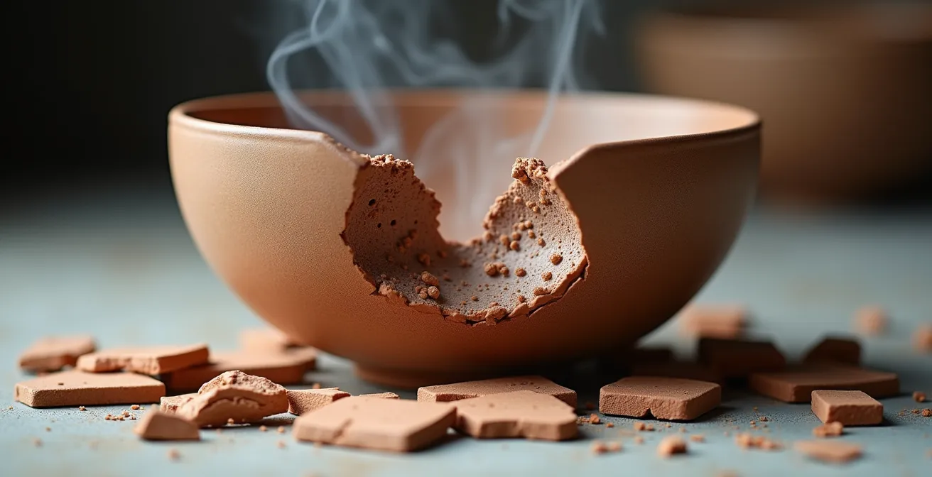 Extreme macro shot of fractured ceramic surface showing explosive crack patterns and internal porosity