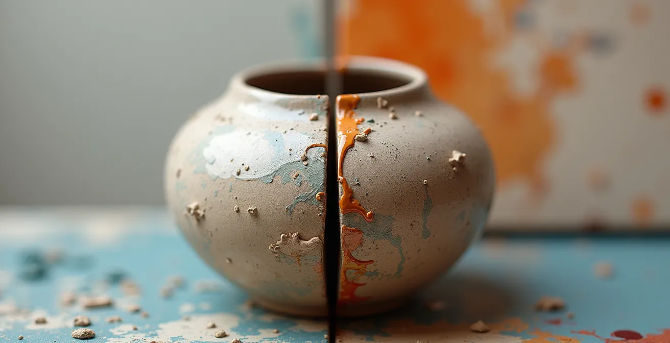 Juxtaposition of ceramic pottery and framed painting highlighting artistic hierarchy