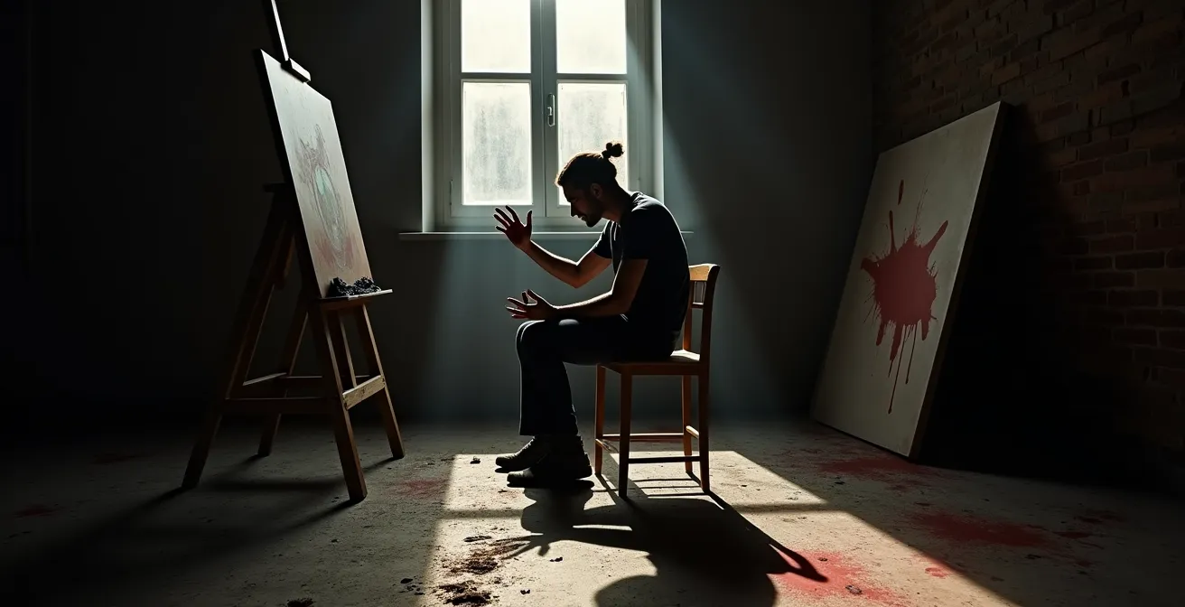An artistic representation of creativity emerging from psychological struggle, showing a silhouetted figure painting in a dark studio.