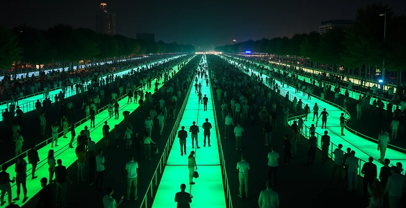 Aerial view of organized crowd flow patterns at illuminated festival with safety barriers