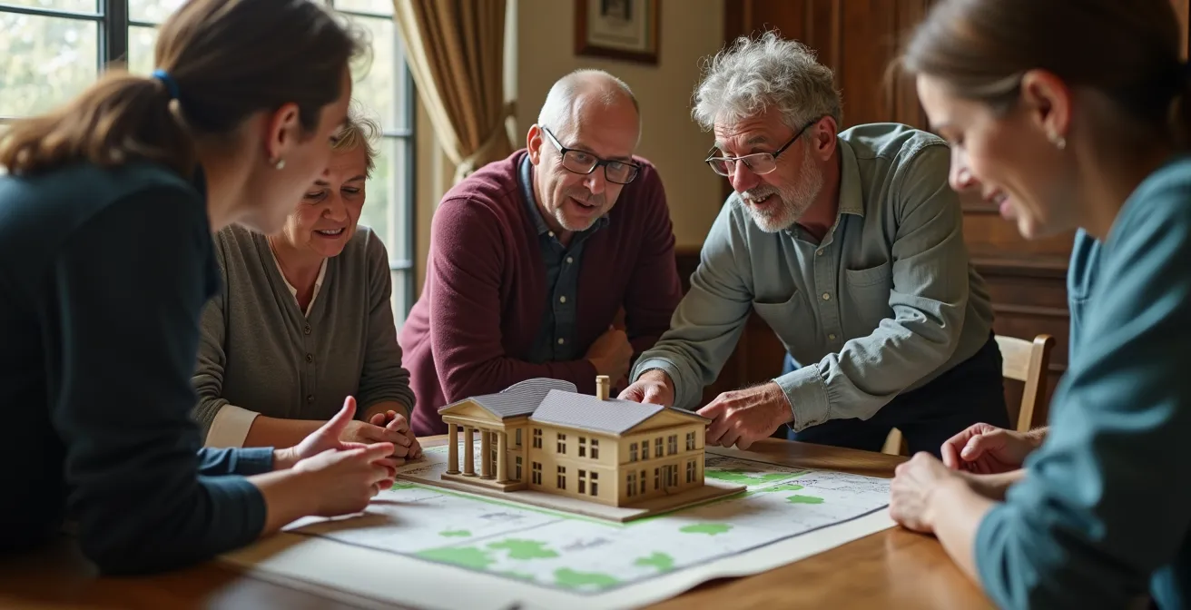 Diverse group of people gathered around a historic building model during a community fundraising event