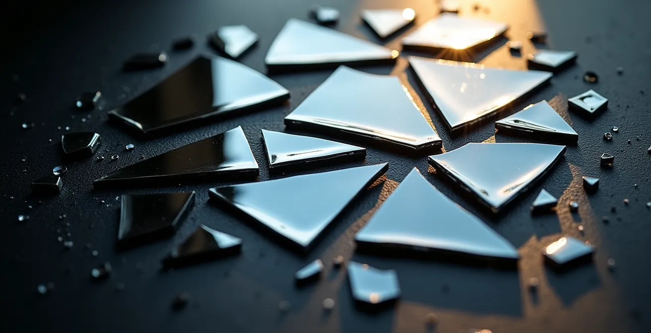 Macro shot of fragmented mirror pieces creating multiple perspectives of light