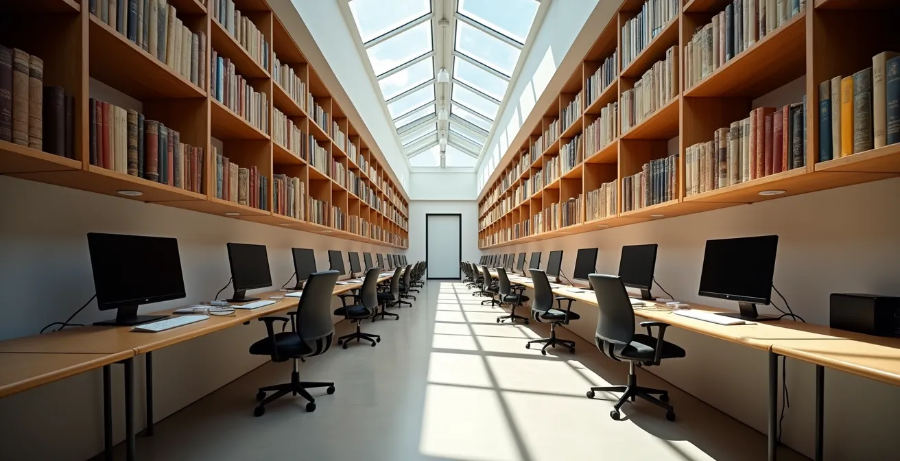 Contemporary museum archive room with both digital screens and physical catalogs