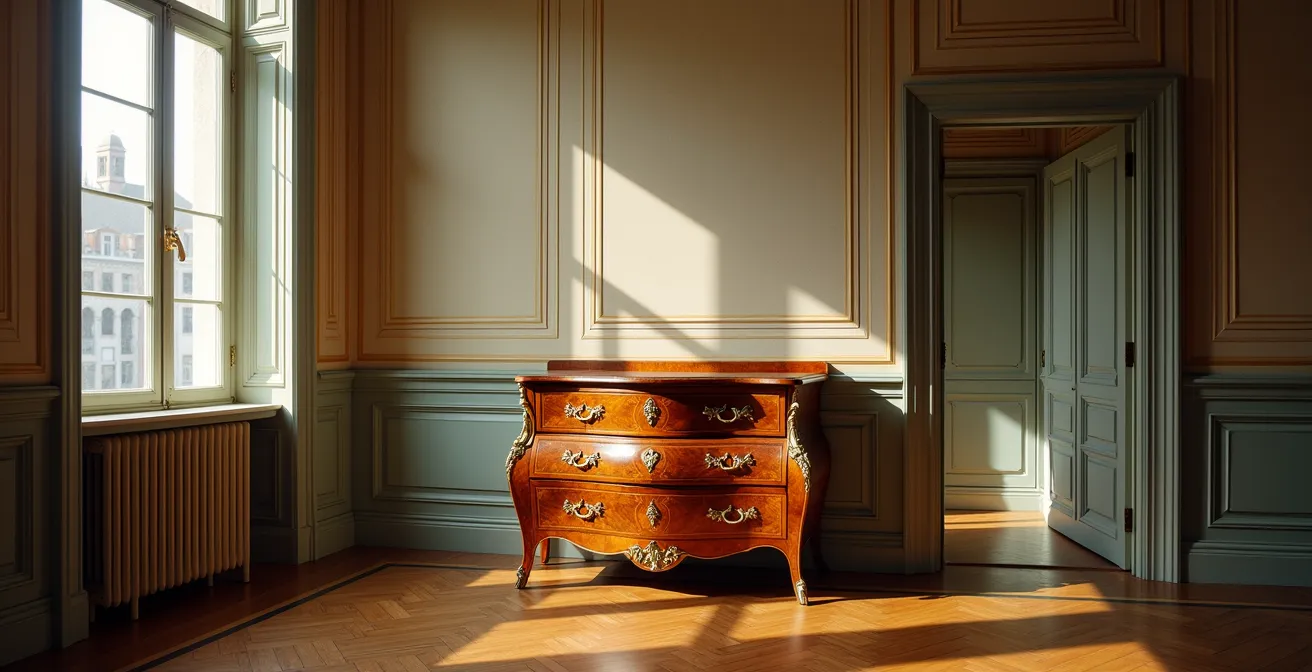 Wide shot of a period room with visible wood cracking on an antique commode, emphasizing environmental damage