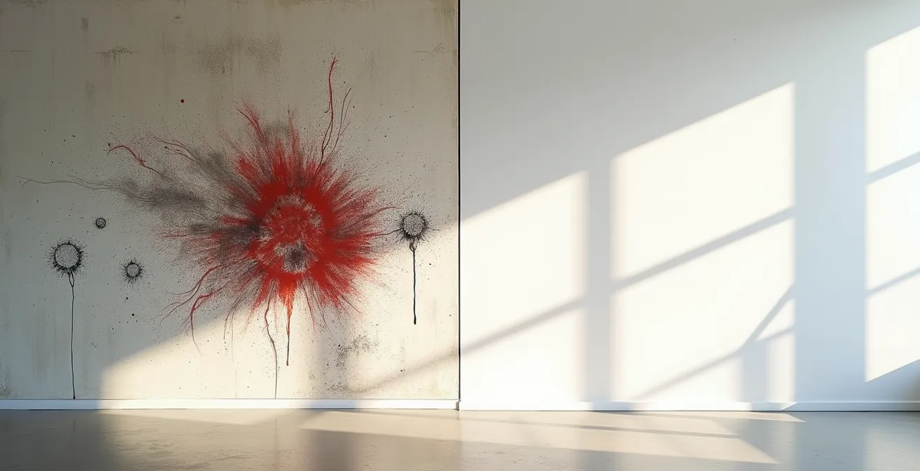 Split composition showing chaotic paint strokes transitioning to clean geometric forms