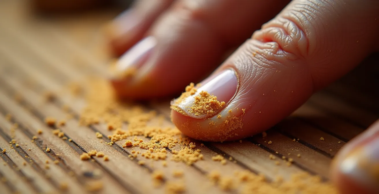 Extreme close-up of craftsman's fingertips feeling wood grain texture