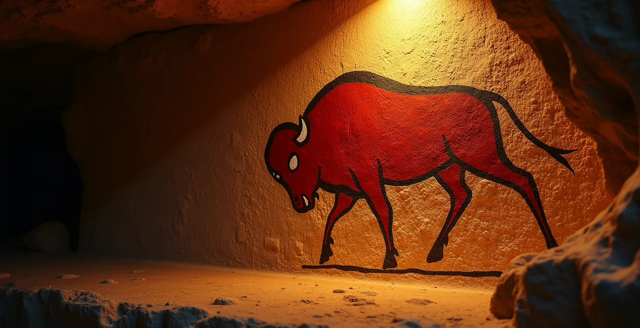 Torch-lit cave wall showing superimposed animal figures creating motion effect