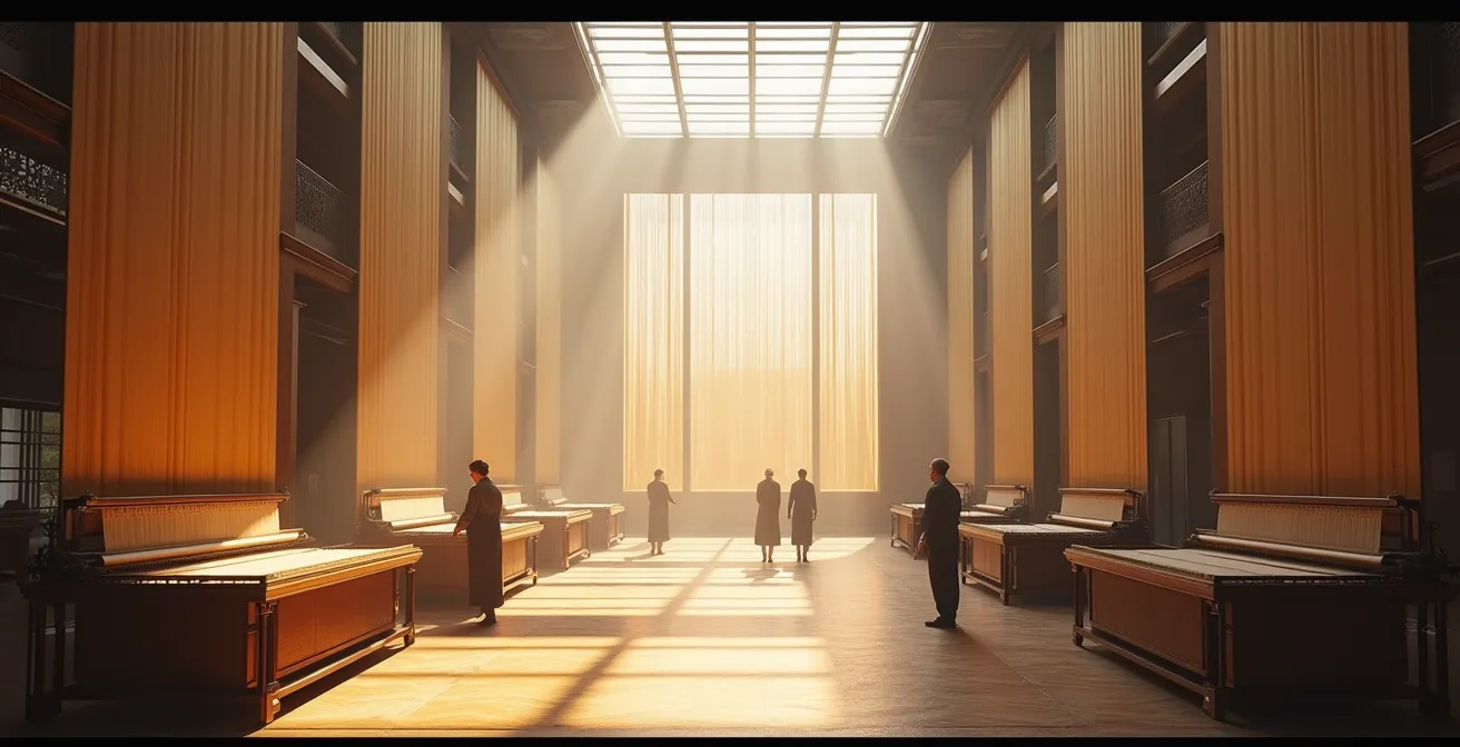 Wide view of an elaborate tapestry workshop with artisans at work