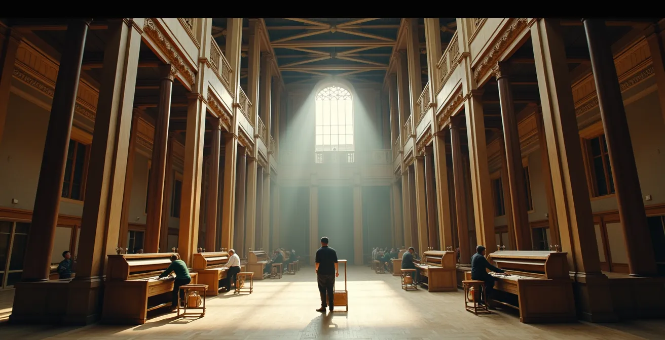 Historic Gobelins workshop interior with large looms and artisans working on monumental tapestry