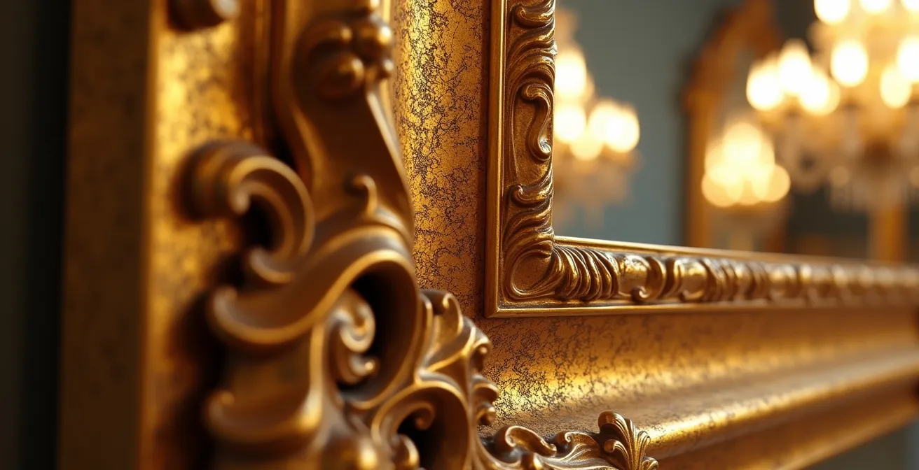 Dramatic macro shot of ornate mirror frame detail with light reflections