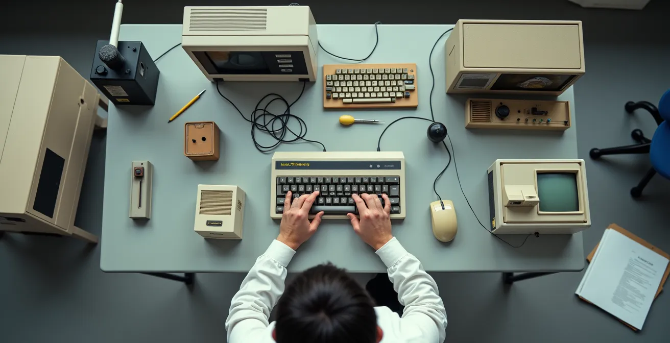 Overhead view of hands interacting with vintage computing equipment in a preservation lab setting