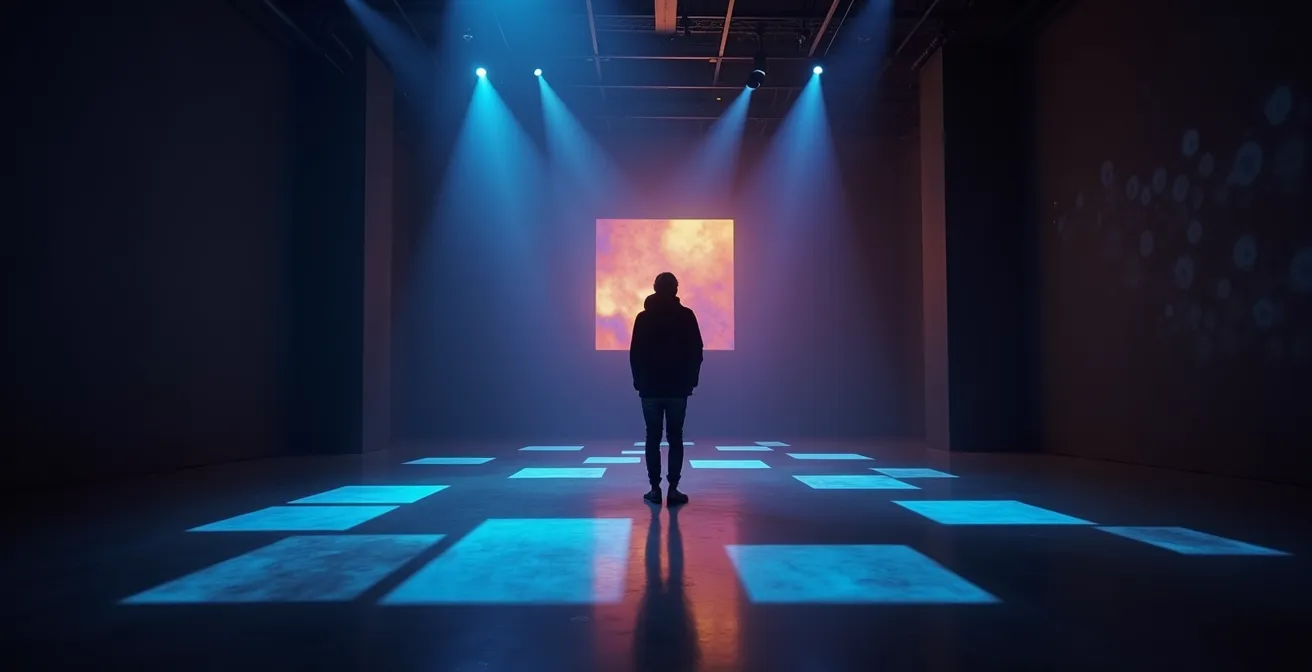 Wide-angle view of person standing in dark room with colorful light projections creating abstract patterns