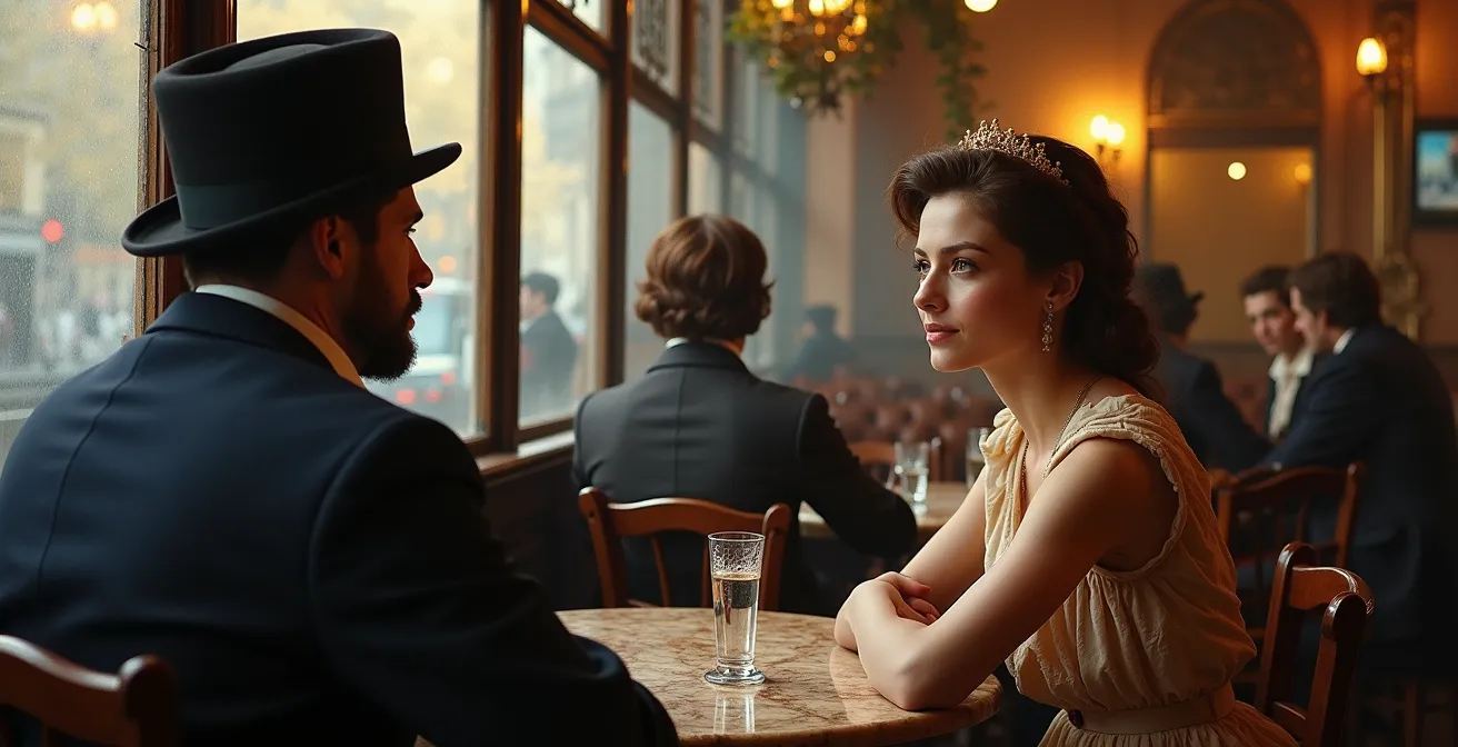 Impressionist-style painting of a Parisian cafe with dramatically cropped figures and asymmetrical composition