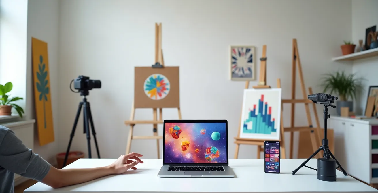 Artist analyzing social media metrics on laptop with artwork visible in background