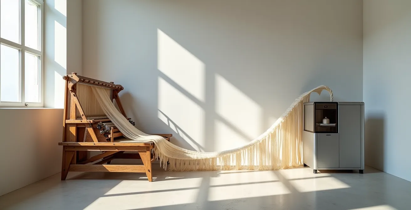 Historic Jacquard loom punch cards transitioning into modern 3D printer G-code visualization