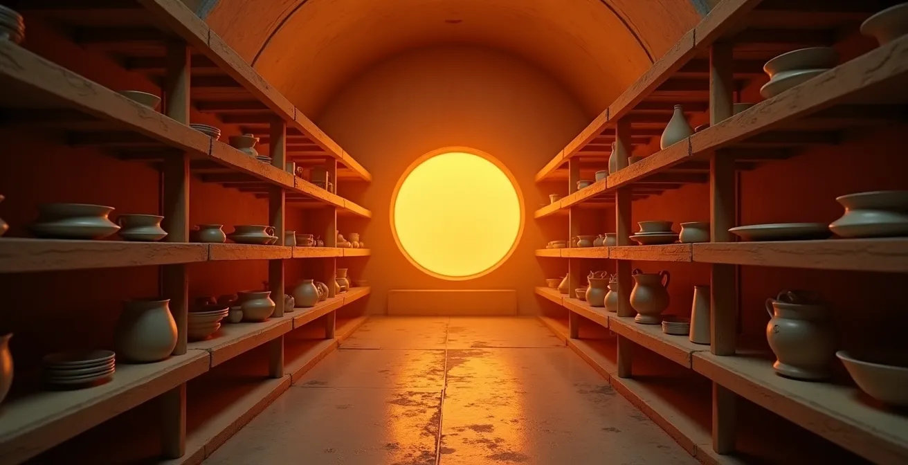 Interior view of a high-temperature porcelain kiln showing glowing orange heat