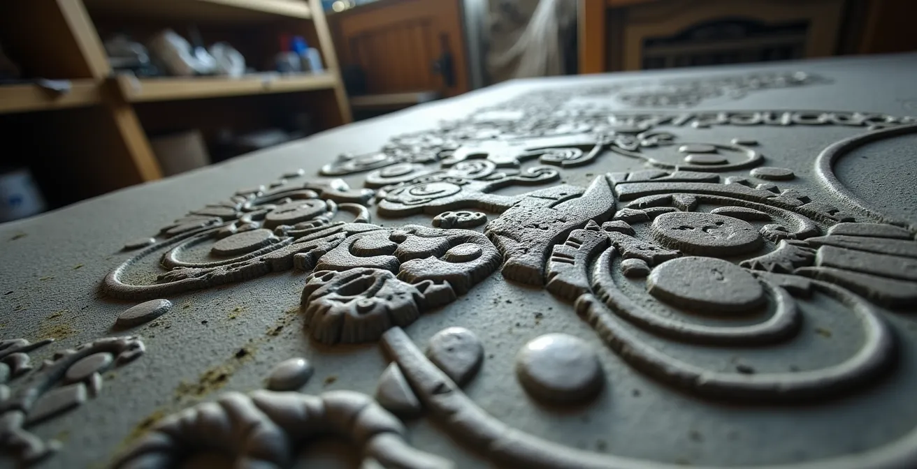 Close-up of lithographic stone with satirical imagery being printed