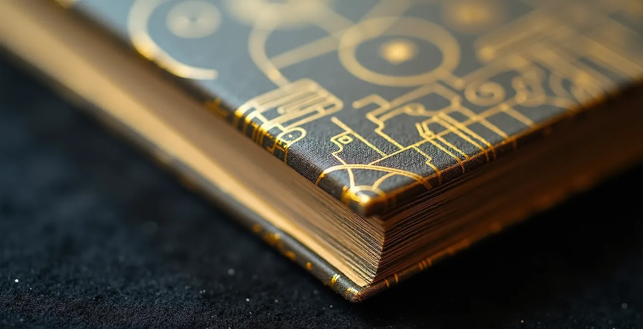 Macro shot of gilded catalog edges with artisan binding