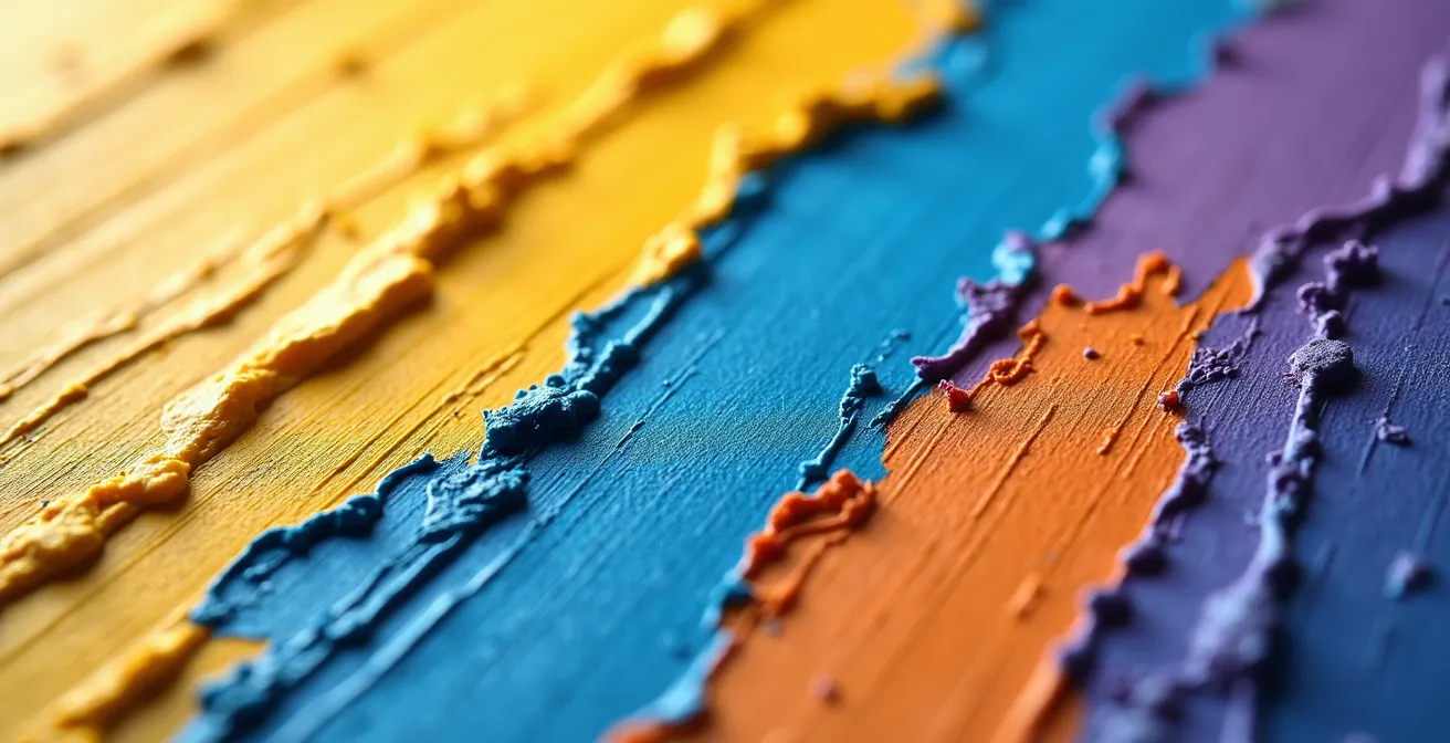 Extreme close-up of impressionist painting surface showing individual color strokes creating optical mixing effect