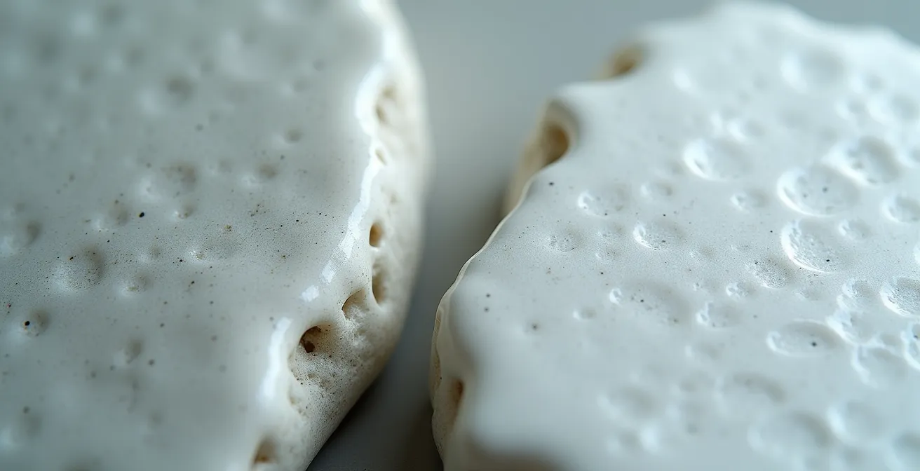 Extreme close-up showing the surface texture differences between lead and feldspar glazes