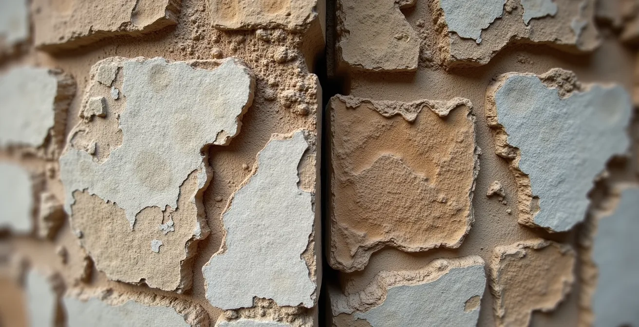 Close-up macro shot of weathered stone surface showing erosion patterns and material degradation
