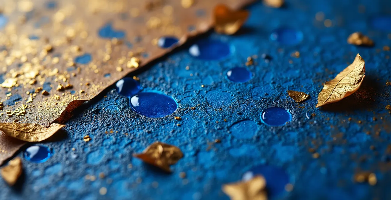 Close-up of lapis lazuli ultramarine pigment on medieval panel showing rich blue texture