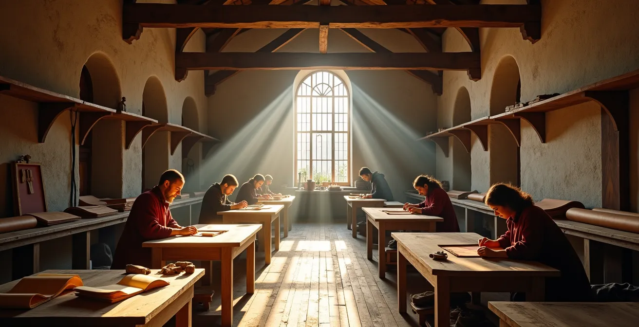 Medieval book production workshop with multiple artisans working together