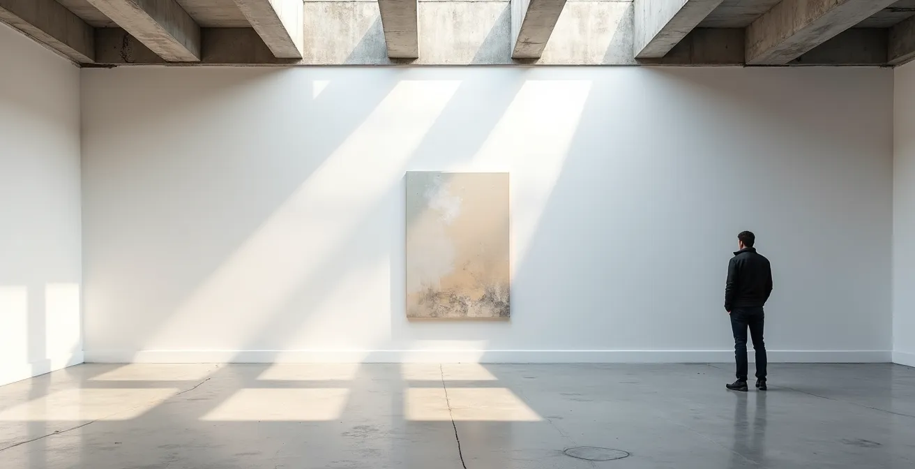 Wide-angle view of a minimalist museum space with dramatic natural lighting and clean surfaces