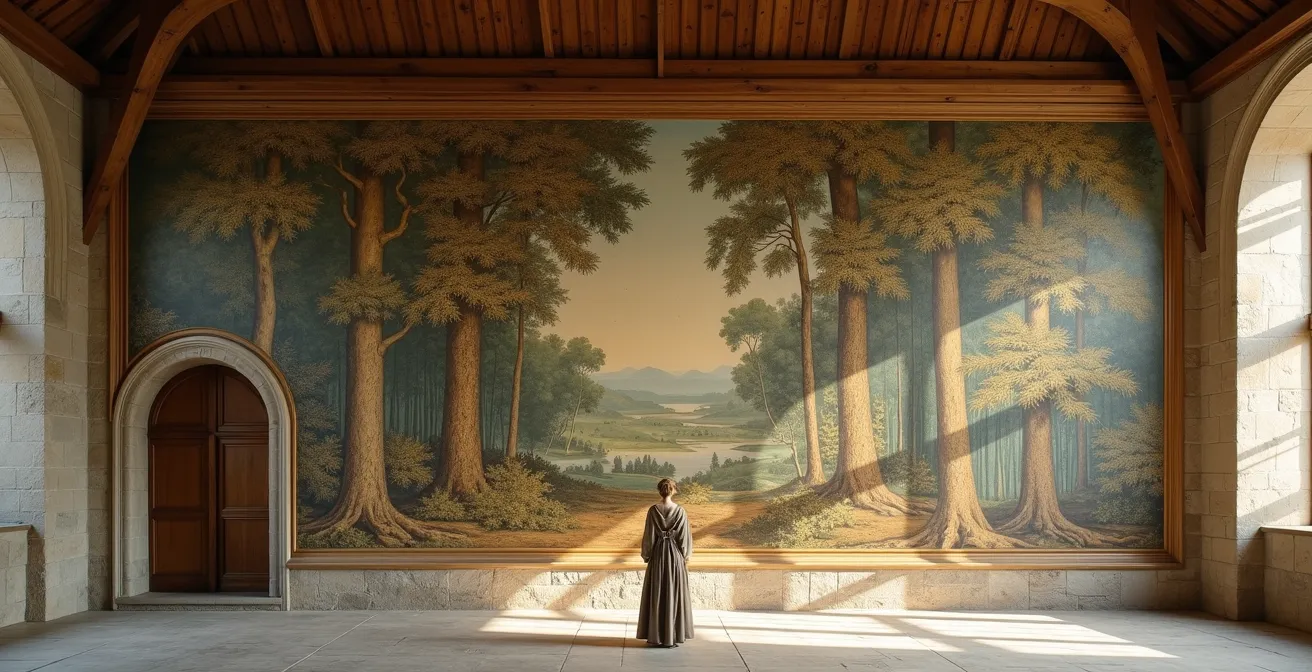 Wide shot of a massive historic Aubusson tapestry hanging in a grand castle hall