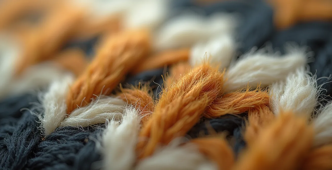 Microscopic detail of moth larvae damage on wool fibers showing characteristic grazing patterns