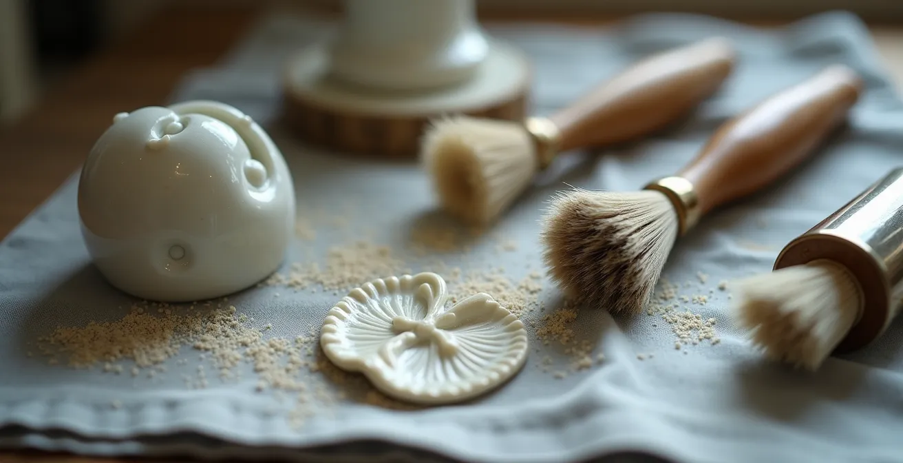 Macro shot of professional conservation tools arranged for cleaning delicate porcelain